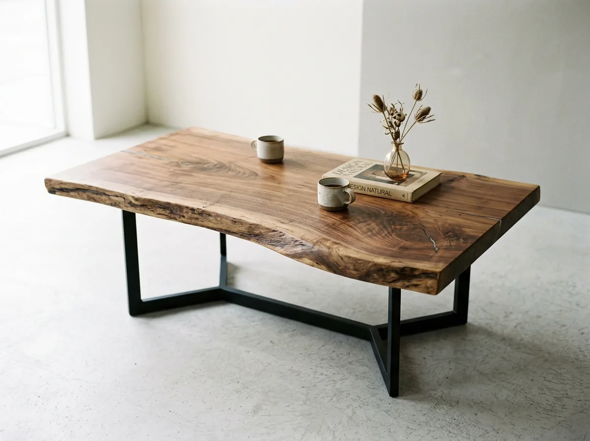 Mesa de centro em madeira maciça com borda orgânica e base metálica preta — peça autoral Ambdesign