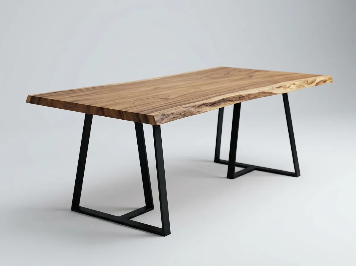 Mesa de jantar em madeira maciça com tampo de borda viva e pés metálicos — peça autoral Ambdesign