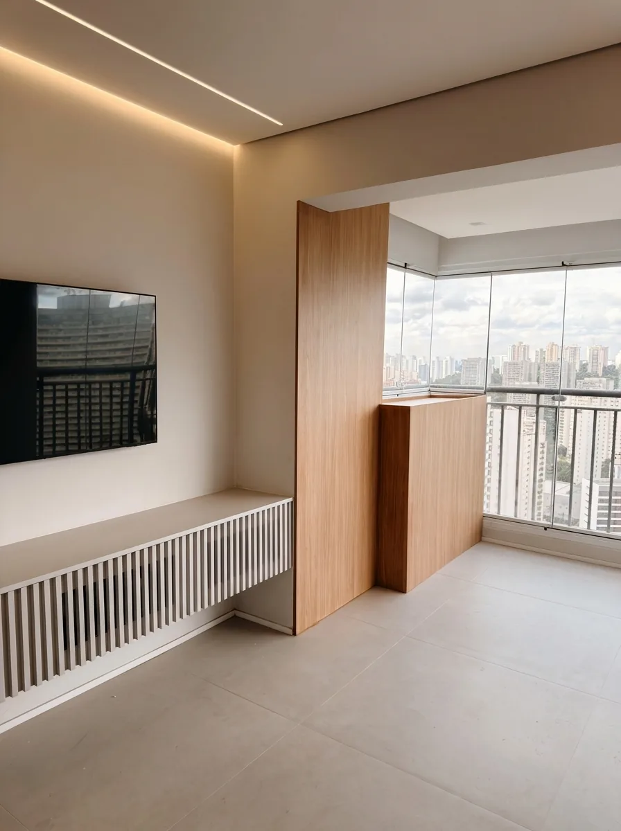Sala com painel de TV, rack ripado branco e marcenaria em madeira clara sob medida