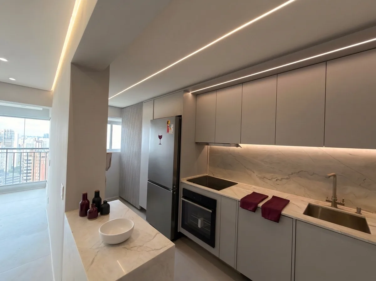 Cozinha planejada integrada à varanda com bancada em pedra, cooktop e marcenaria off-white