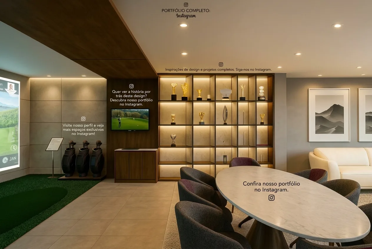 Ambiente comercial com estante planejada iluminada e mesa oval sob medida