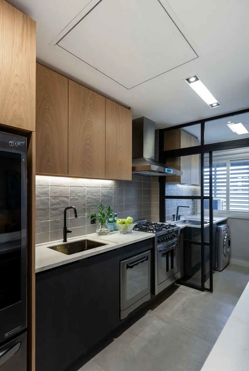Cozinha planejada em madeira e preto com coifa e cooktop embutidos